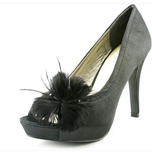 Dolce by Mojo Moxy Black San Diego Peep Toe Heels with Feather Detail size 8.5